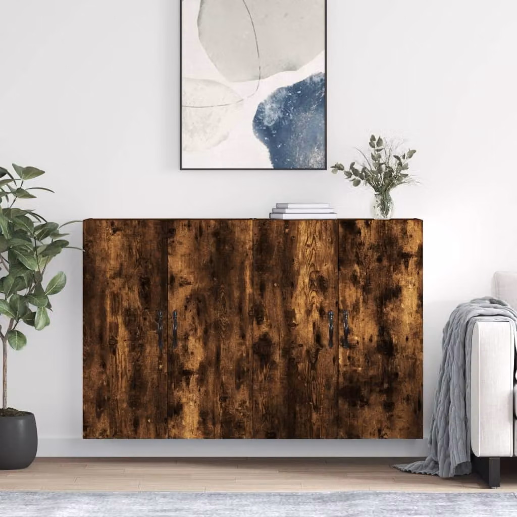 Set di 2 armadietti a parete vidaXL in legno Rovere Fumo e metallo, design moderno con ante a battente, colore marrone