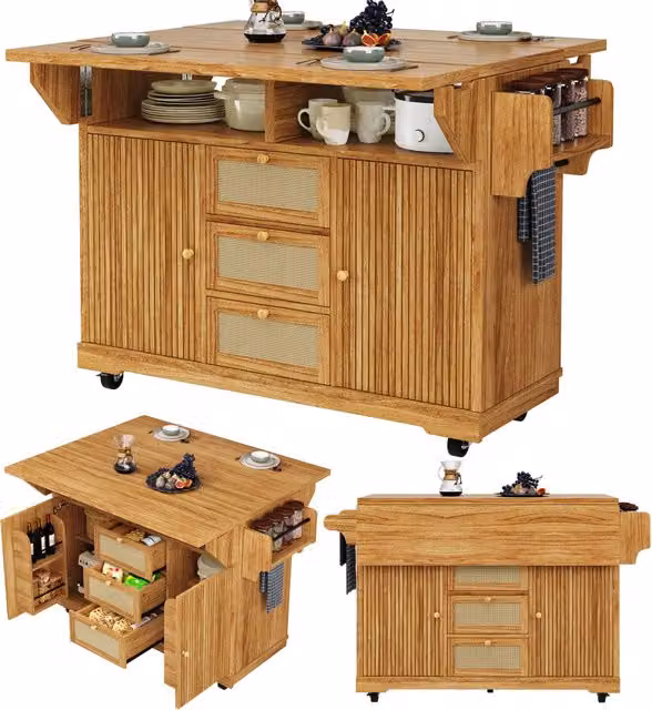Carrello da cucina con ruote; piano pieghevole 142;5 x 80 x 95 cm; MDF e metallo effetto legno naturale