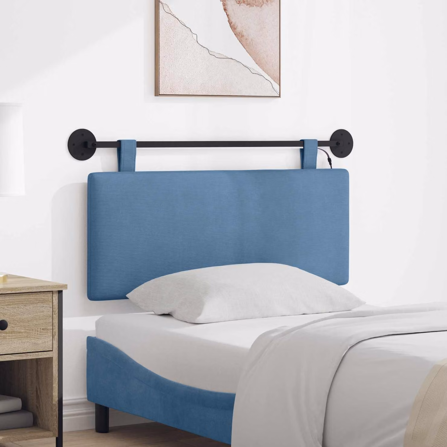 Testiera da letto sospesa vidaXL in tessuto blu con illuminazione integrata e pannello imbottito