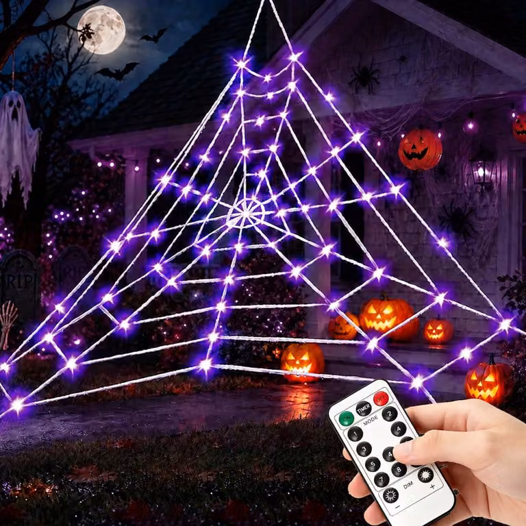 Catena luminosa a forma di ragnatela, 5x5 metri, 125 LED, color lilla, con timer, impermeabile