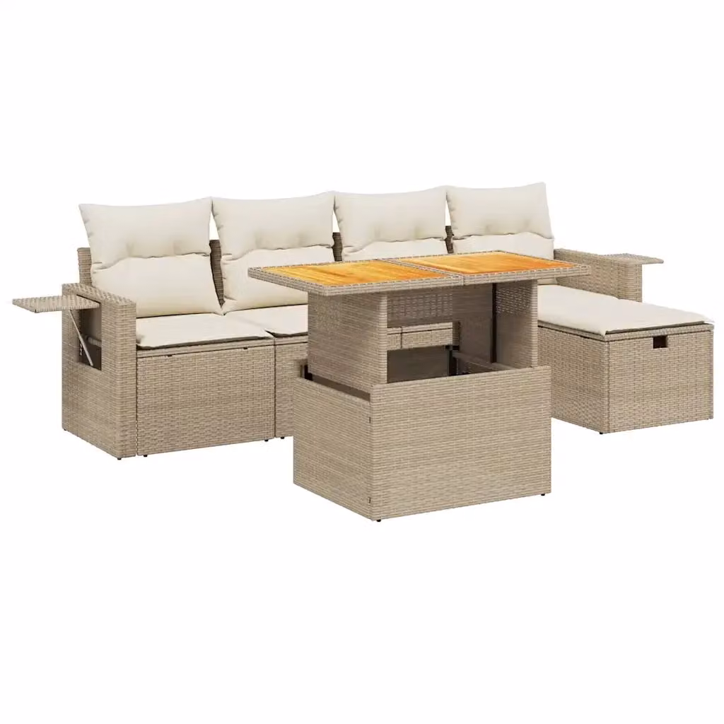 Set Divano da Giardino 6 pz vidaXL in Polyrattan con Cuscini Beige e Struttura in Legno di Acacia Oliato – 2