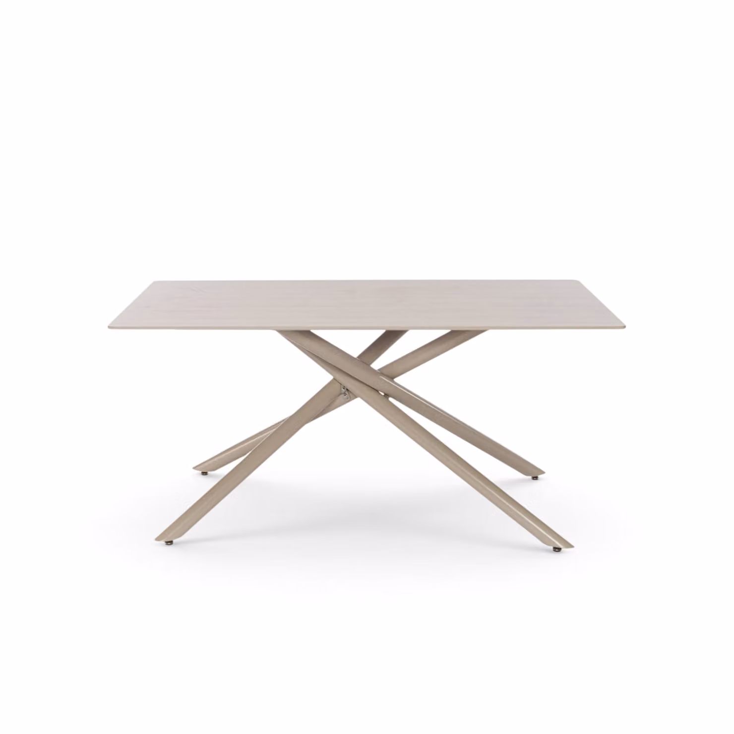 Tavolo MACINAGGIO con piano in ceramica effetto travertino e gambe incrociate in metallo verniciato beige, 140x80x76 cm