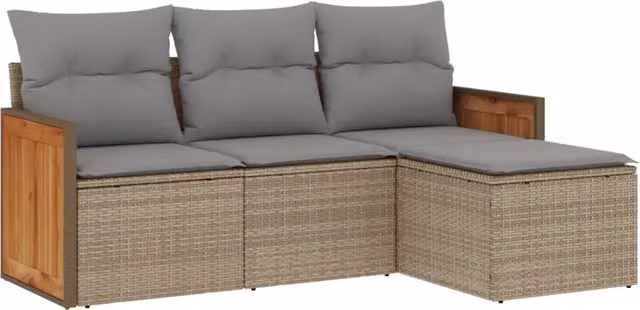 Set Divano da Giardino 4 pz | Set Salotto da Giardino con Cuscini Beige in Polyrattan