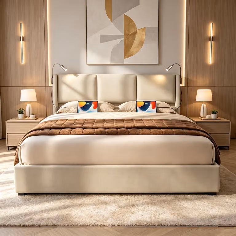 Letto imbottito INONEFT 160x200 con funzione di ricarica USB, letto matrimoniale con box contenitore, dotato di lampade da lettura e spazio contenitivo, letto con sistema di sollevamento idraulico, rivestito in lino, colore beige.