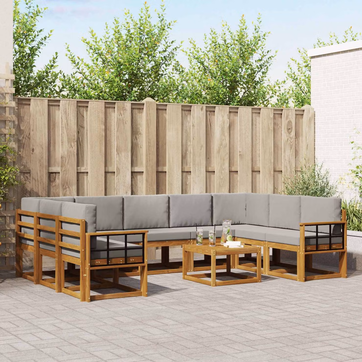 Set di divani da esterno vidaXL a forma di L in legno di acacia con cuscini, Grigio e Marrone