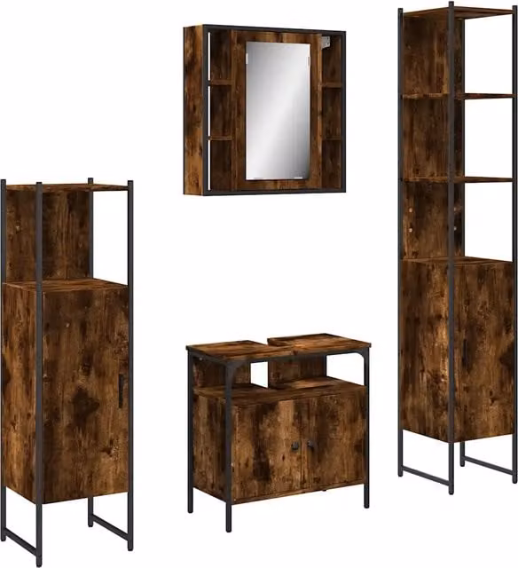 Set Mobili da Bagno | Armadio da bagno 4 pz Rovere Fumo in Legno Multistrato