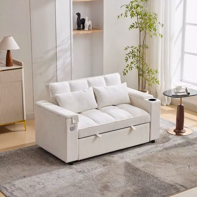 Divano convertibile 2 sedili 140;5 cm con piano di riposo 108x106 cm regolabile tavolo girevole posteriore USB USB - Tessuto C beige