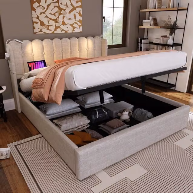 Letto contenitore 160x200 cm in lino naturale con luce da lettura e 2 USB