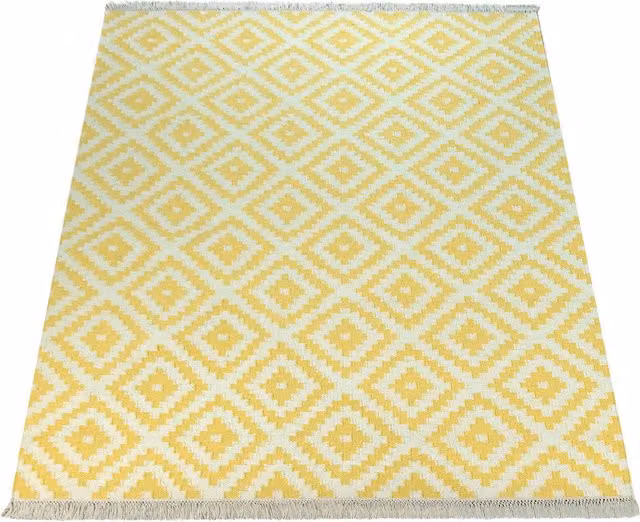 Tappeto Kenolia in lana e cotone giallo e bianco con frange, stile marocchino e scandinavo, L: 160 cm, P: 230 cm