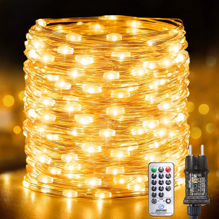 Catena luminosa a LED, 20 metri, 200 LED, luce bianco caldo, grado di protezione IP65, con telecomando