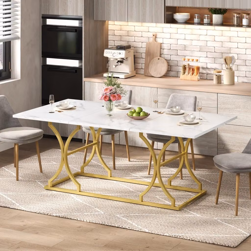 Tavolo da Pranzo Moderno Minimal con Piano Effetto Marmo Bianco e Gambe in Metallo Dorato, L: 200 cm, P: 80 cm, H: 76 cm – 2