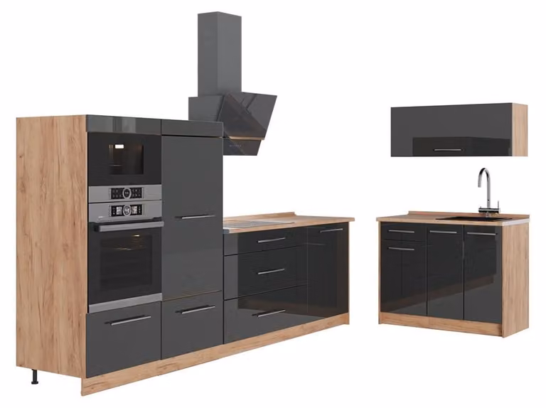 Cucina Vicco Fame-Line Antracite lucido/Rovere dorato 380 cm, PL Rovere, Model 64089