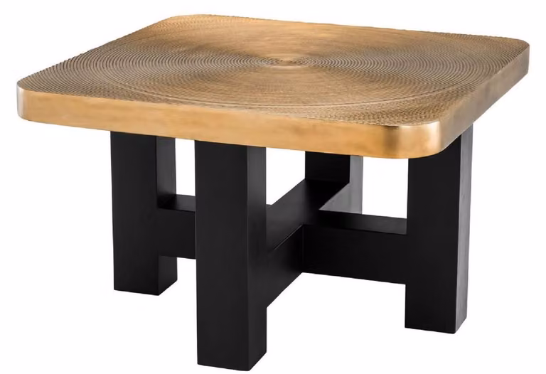 Tavolino Casa Padrino colori ottone / nero 64 x 64 x h. 40 cm - Lussuoso tavolino da salotto con piano a fetta d'albero - Mobili da salotto