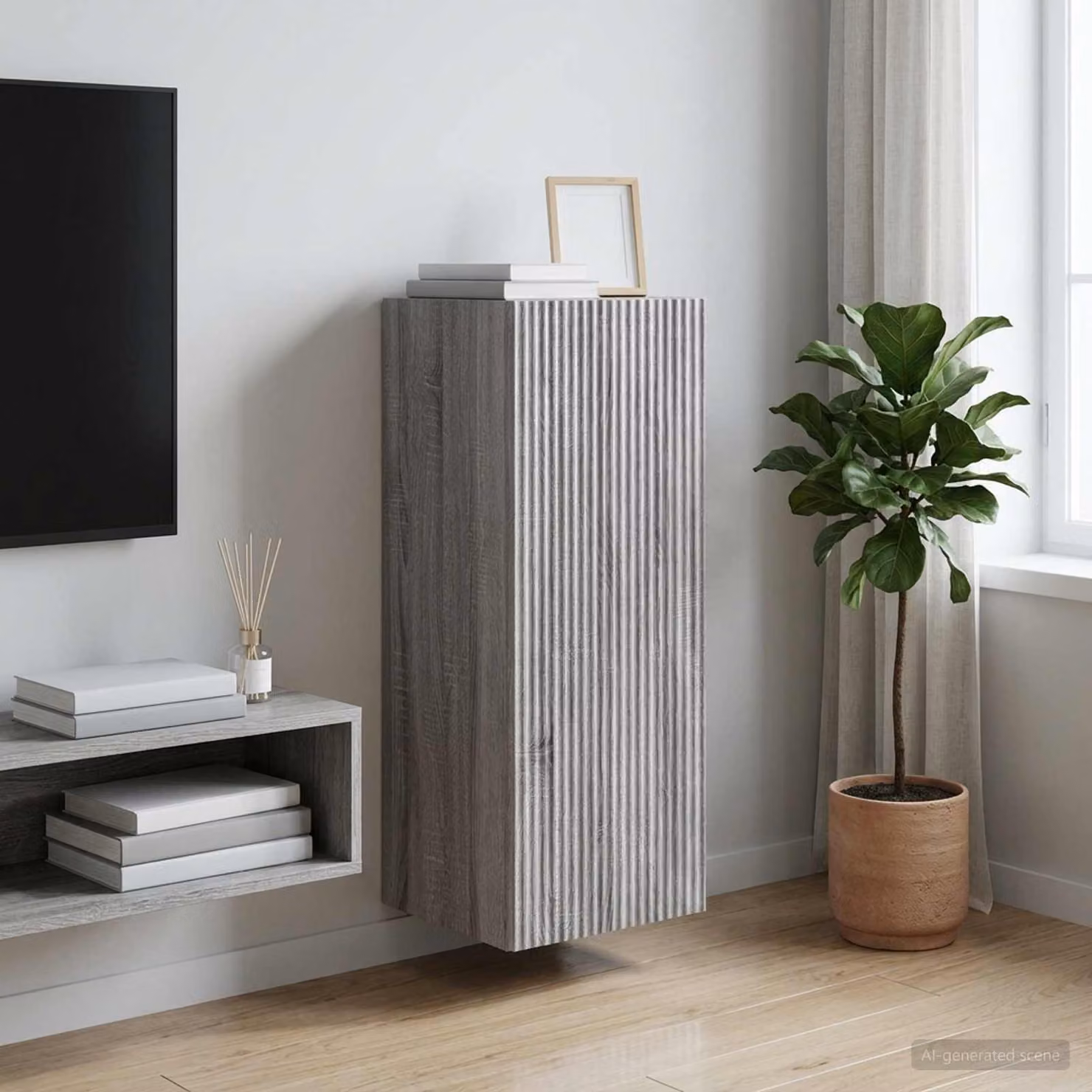 Mobiletto a muro moderno vidaXL in legno grigio con illuminazione LED e ripiani interni L/P/H: 33 x 34,5 x 90 cm
