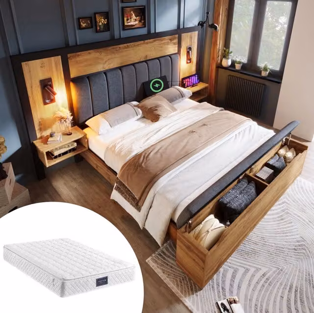 Letto matrimoniale 160x200 cm in MDF, metallo e lino color rovere con luci, USB-C e panca contenitore