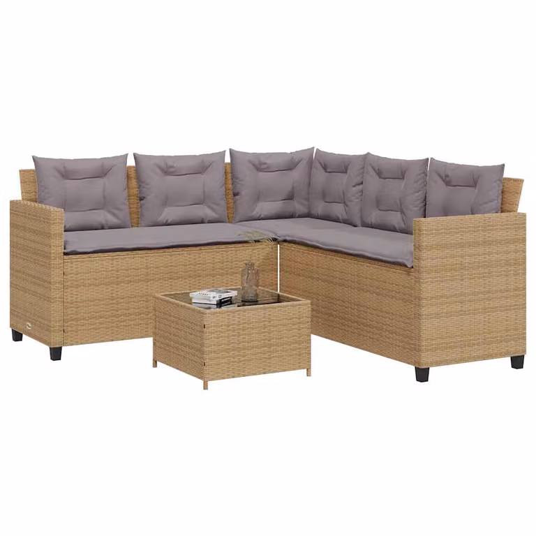 Set da giardino moderno vidaXL a forma di L con divano angolare, tavolo da caffè e cuscini beige e grigi in polyrattan e metallo