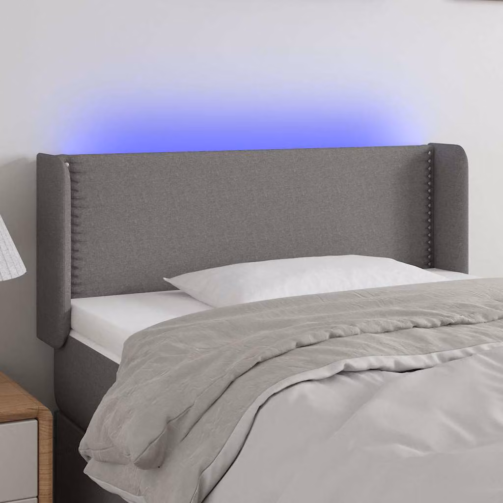 Testiera per letto vidaXL in tessuto grigio scuro con illuminazione LED e porta di ricarica USB, L: 103 cm, P: 16 cm, H: 78-88 cm