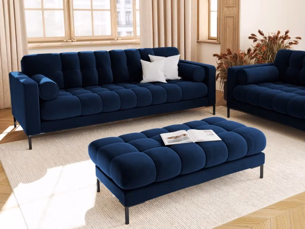 Divano Bali Cosmopolitan Design a 4 posti in velluto blu con cuscini coordinati L: 217 cm, P: 75 cm, H: 92 cm – 2