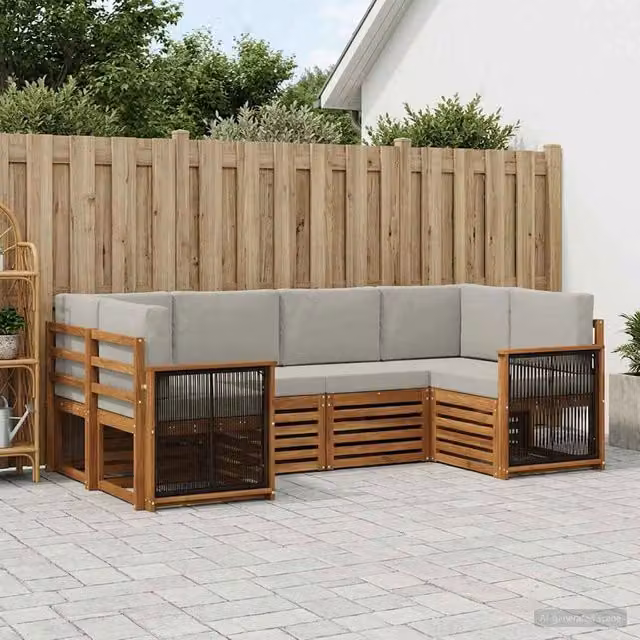 Set di divani da esterno a L vidaXL in legno di acacia con cuscini, beige e grigio