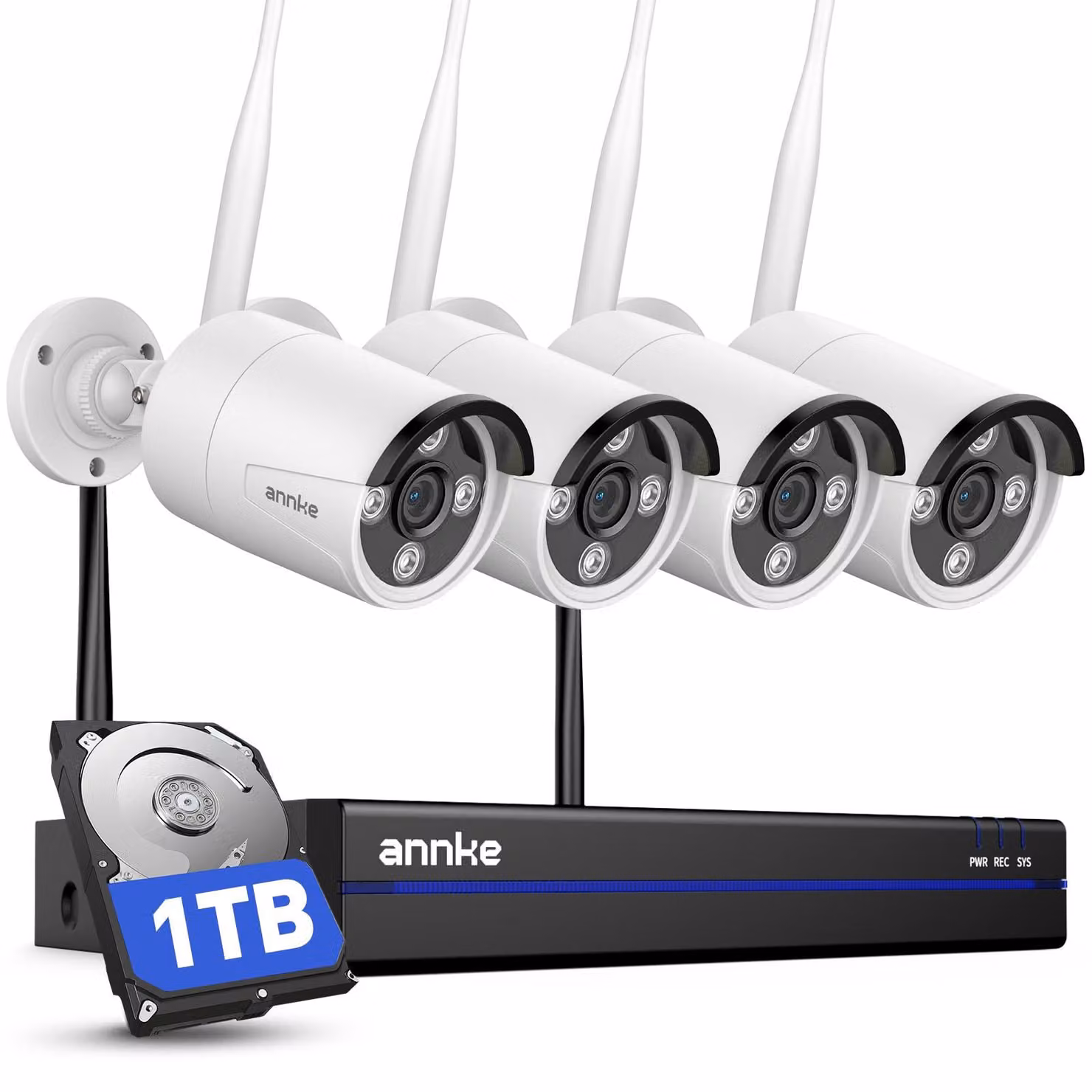Kit di telecamere di sicurezza composto da 4 telecamere WiFi da 8MP, registratore video in rete (NVR) a 16 canali in 4K, con capacità di archiviazione di 1TB, per sistemi di sicurezza esterni
