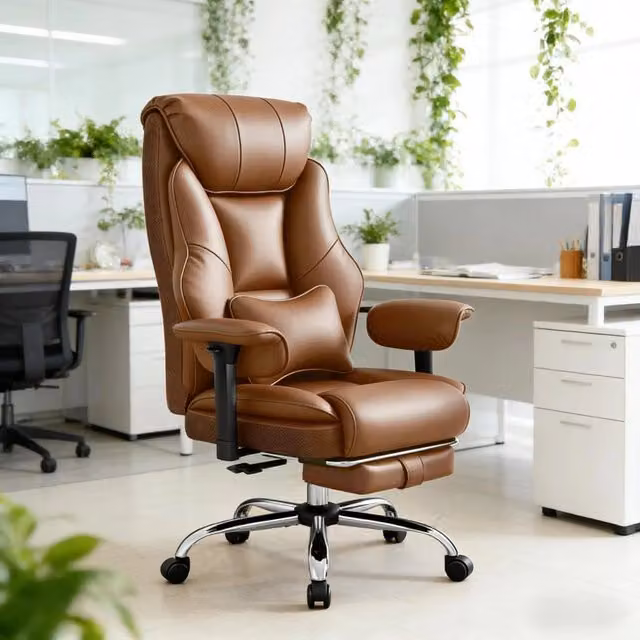 Sedia da ufficio ULEVR ergonomica marrone con poggiapiedi estensibile, schienale reclinabile e altezza regolabile