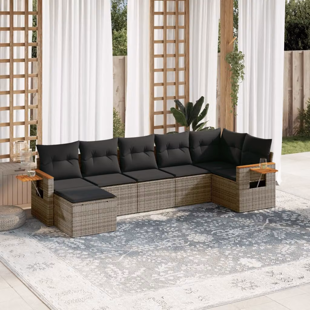 vidaXL Set Divani da Giardino a L 7 pz in Polyrattan Grigio con Cuscini e Coperture Rimovibili – 1