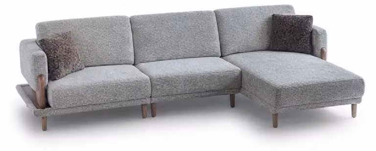 Divano angolare grigio, forma a L, struttura in legno, design moderno per soggiorno