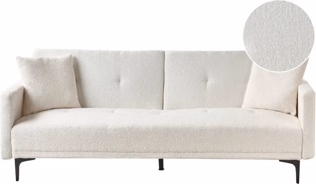 Divano letto moderno in tessuto bouclè bianco sporco a 3 posti con schienale con bottoni gambe nero design moderno scandinavo