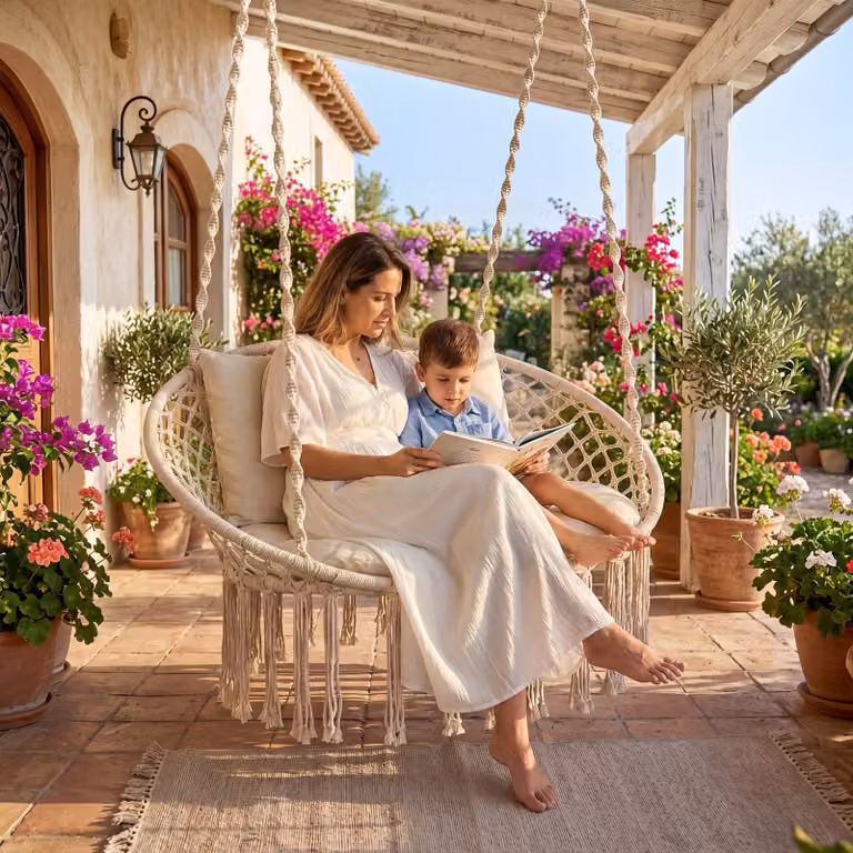 Costway Sedia a dondolo boho in rattan intrecciato a 2 posti con cuscini, beige e bianco