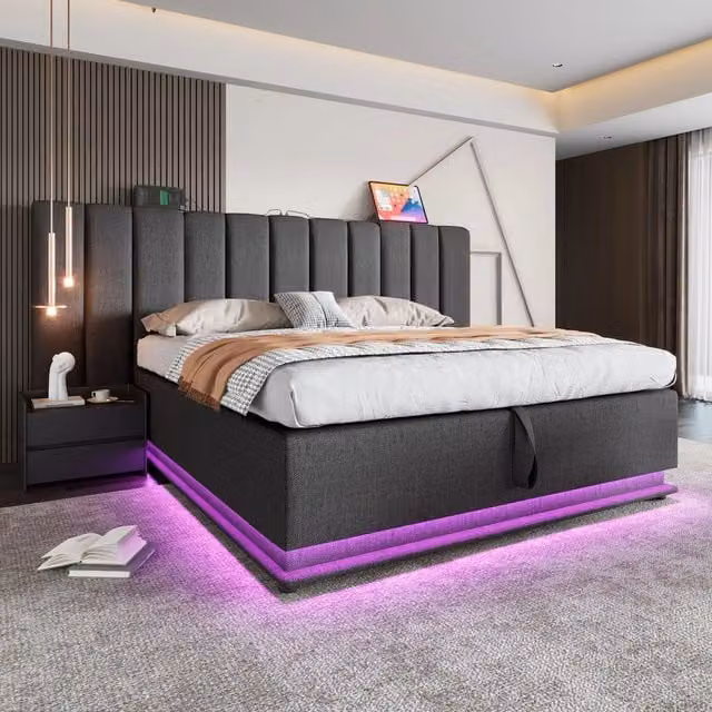 Letto Contenitore REDOM Grigio con Illuminazione LED e Ricarica USB-C L/P: 180 x 200 cm
