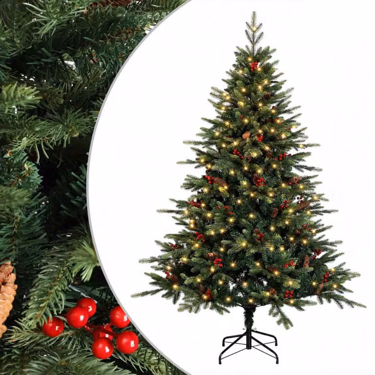 Albero di Natale Artificiale Moderno vidaXL Verde con 150 LED Luce Bianca Calda e Rami Pieghevoli in PVC e Metallo, Altezza: 120 cm