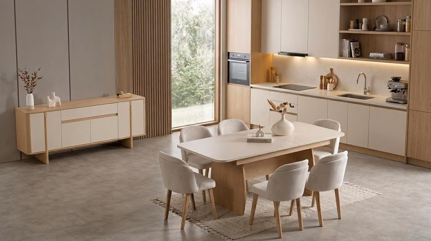 Tisch Konsole Wohnzimmer Stil modern beige rechteckig ausziehbar geräumig