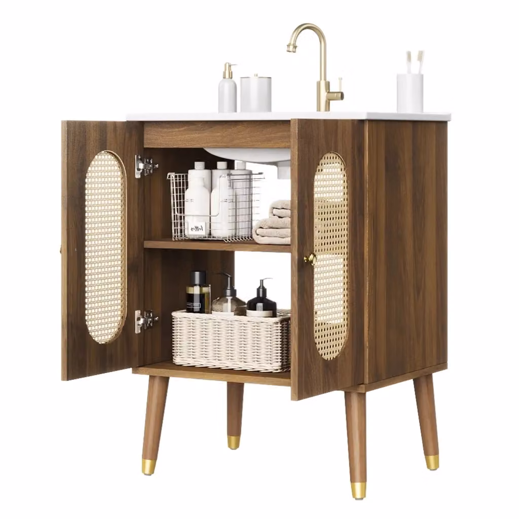 Mobile sottolavabo bagno Minimal bianco e legno multistrato con ante in rattan e ripiani interni – 2