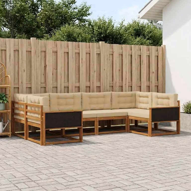 Set di divani da esterno a L vidaXL in legno di acacia con cuscini, 6 pezzi, Beige e Marrone