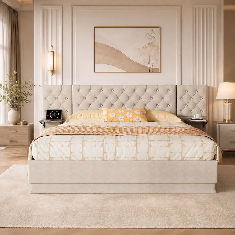 Letto imbottito INONEFT 140x200 con LED e USB, letto singolo con sistema di sollevamento idraulico, ampia testiera e rete a doghe, adatto per ragazzi, colore beige