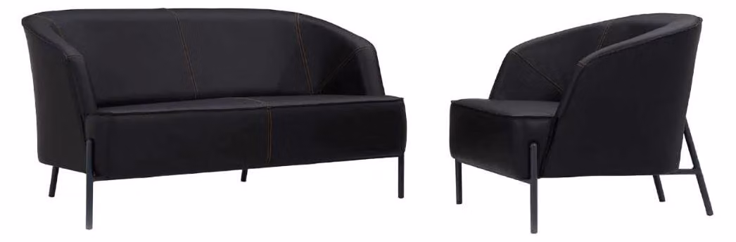 Ledersofas Set 1-Sitzer 2-Sitzer 2x Sessel Schwarz Polster Einrichtung Holz