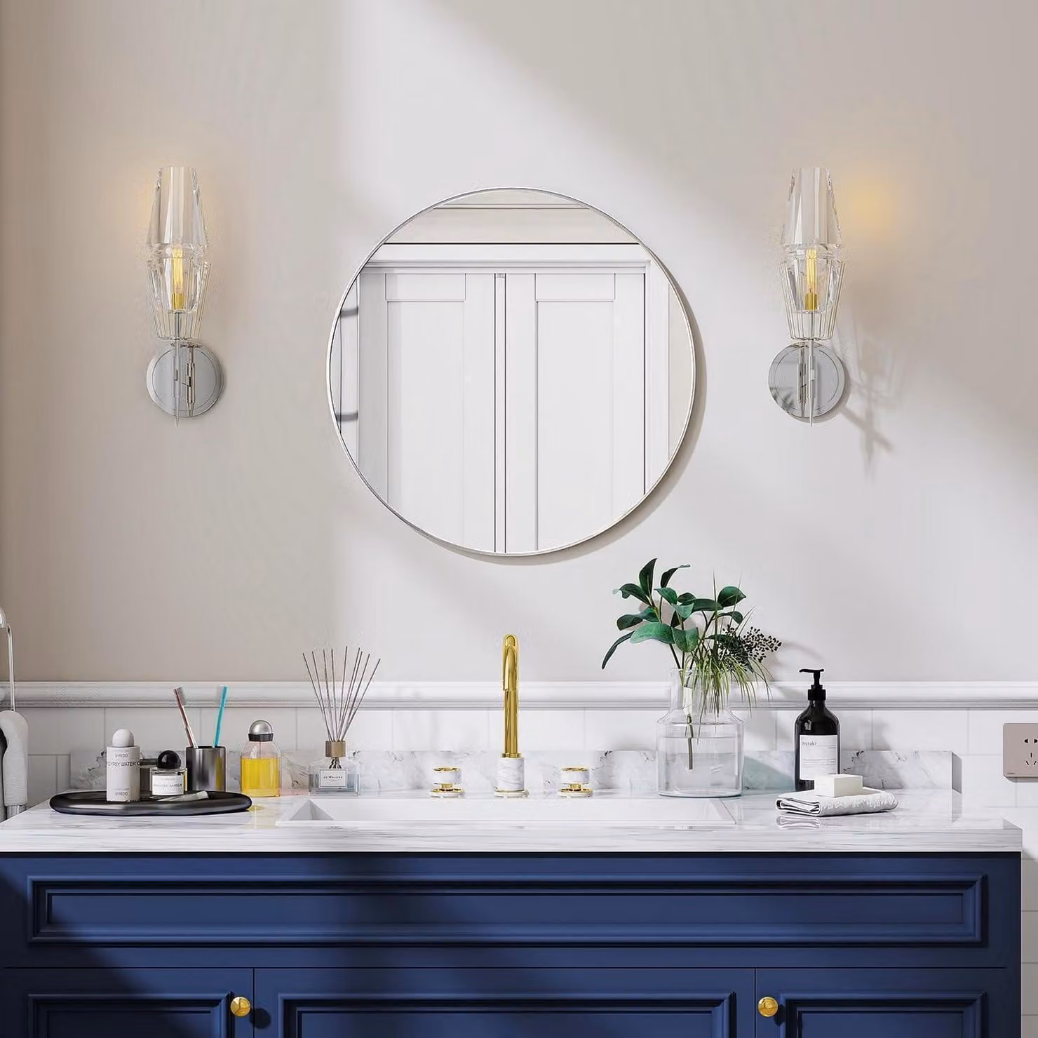 Specchio da parete rotondo, diametro 50 cm, cornice in metallo argentata, ideale per il bagno o come specchio da trucco