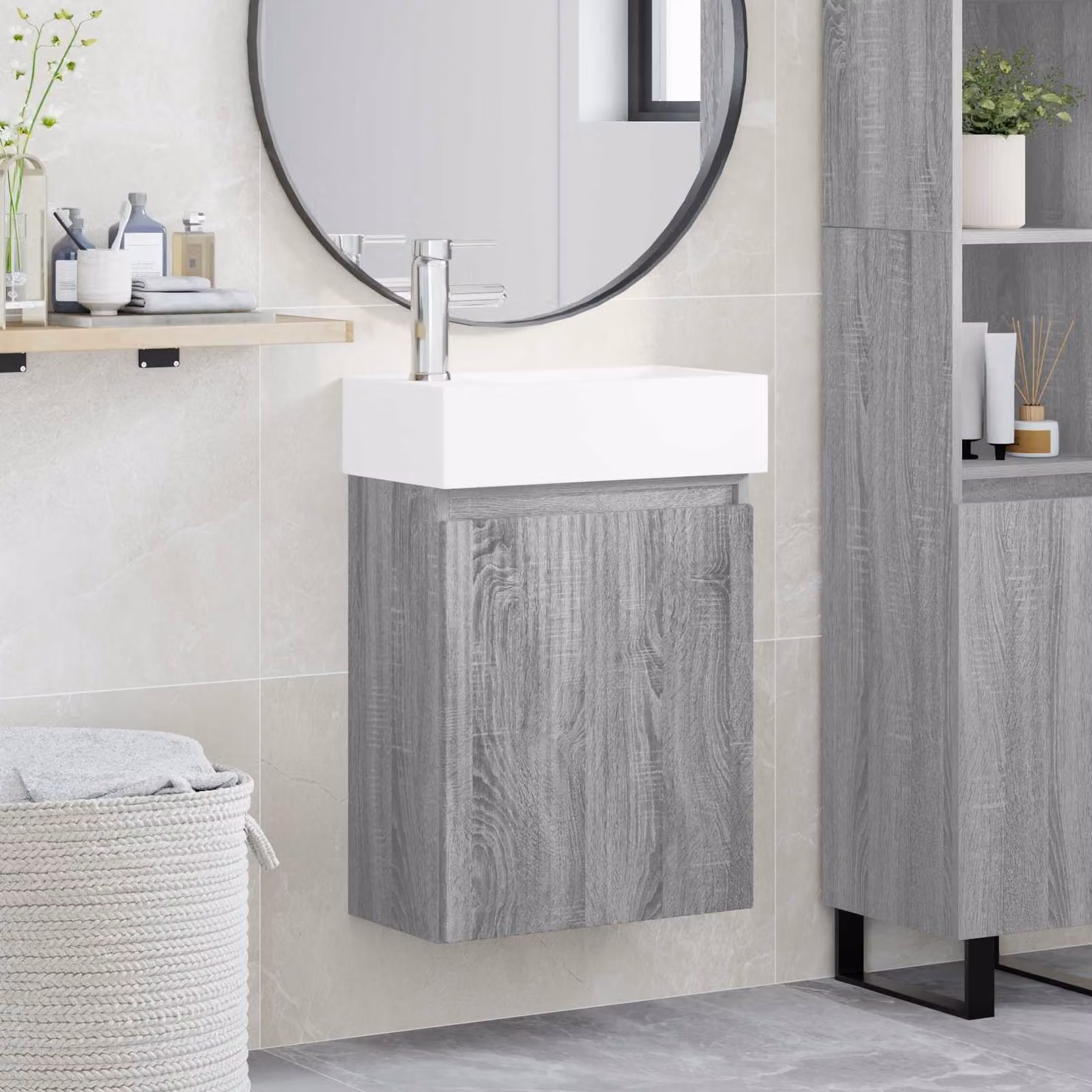 Mobile bagno vidaXL con rubinetto in stile minimalista, colore grigio e bianco, L: 45,5 cm, P: 22,5 cm, H: 84 cm