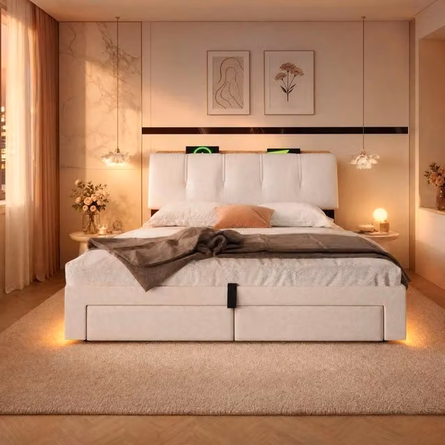 Letto imbottito 140x200 cm con contenitore idraulico; LED; USB e Type-C; lino beige