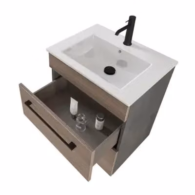 Mobile bagno sospeso Smart con lavabo e specchio con illuminazione LED in finitura rovere, L: 55 cm, P: 43 cm, H: 62 cm – 2