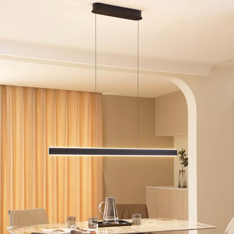 Lucande lampada LED a sospensione Philine, lunghezza 121 cm, ferro nero Philine Lucande, dimmerabile, Nero, Soggiorno / Sala da pranzo, Moderno
