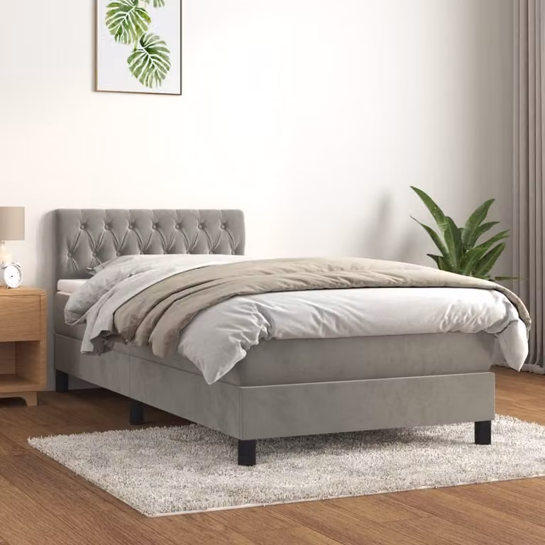 vidaXL Letto Ibrido con Giroletto a Molle e Materasso in Velluto Grigio Chiaro e Bianco, L/P/H: 90 x 190 x 78 cm