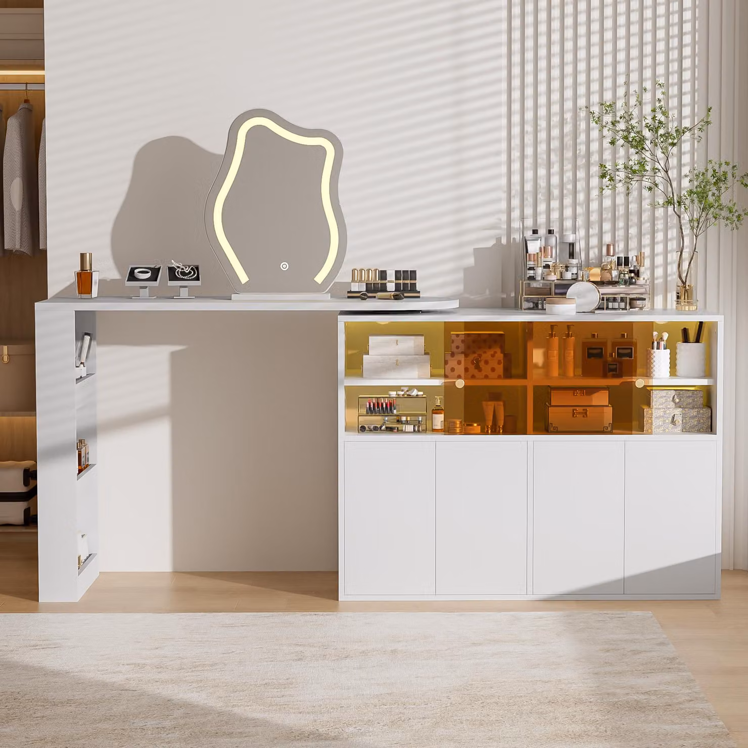 Comò da trucco girevole, dimensioni 177x40x131,5 cm, colore bianco. Realizzato in pannello di particelle di legno al 100%, dotato di specchio con illuminazione LED e ampio spazio di stoccaggio su più livelli, ideale per la camera da letto