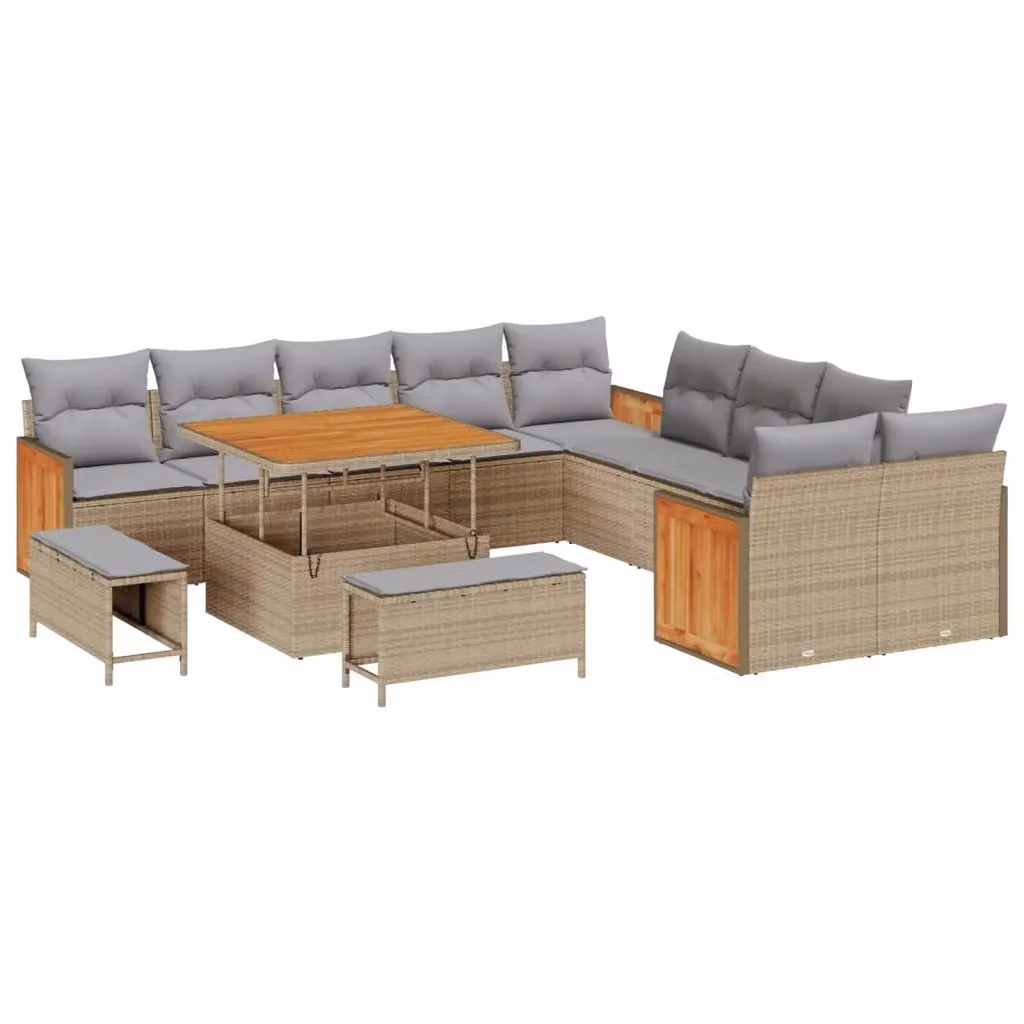 Set Divano da Giardino vidaXL a forma a U composto da 13 pezzi con cuscini beige e grigi, tavolo da caffè e pouf, struttura in acciaio verniciato a polvere e legno di acacia – 2