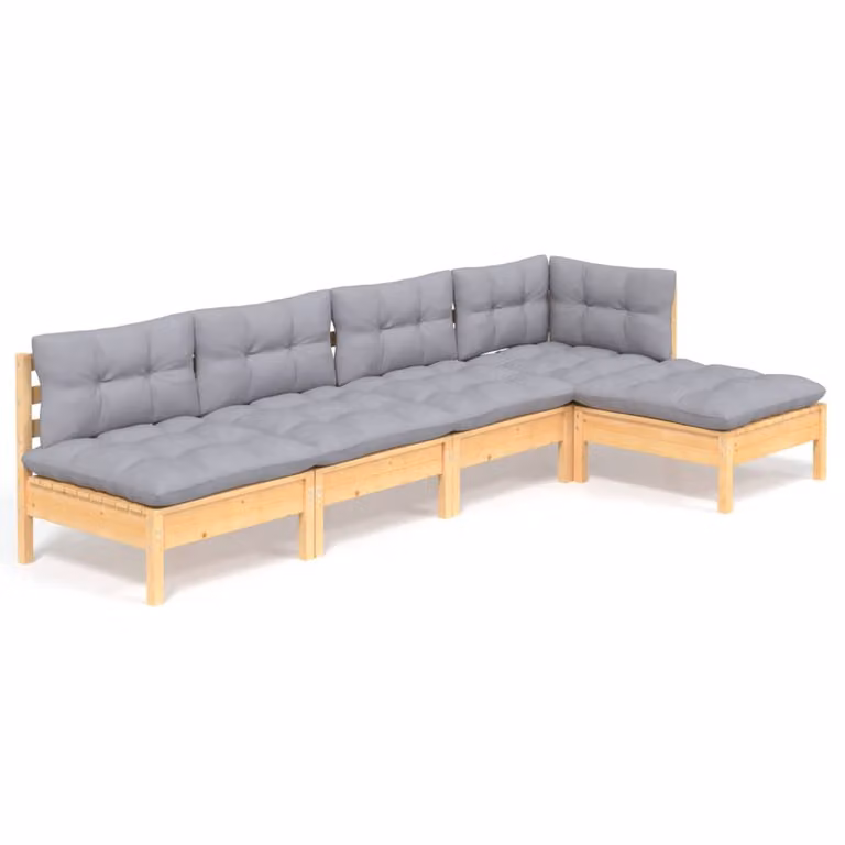 Set Divani da Giardino 5 pz con Cuscini Grigi Massello di Pino
