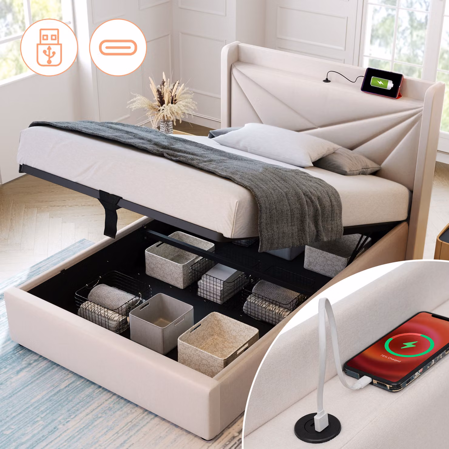 okwish Letto singolo imbottito 90x200 cm, con contenitore, poggiatesta con funzione di ricarica USB Type-C, struttura solida con griglia, beige (senza materasso)