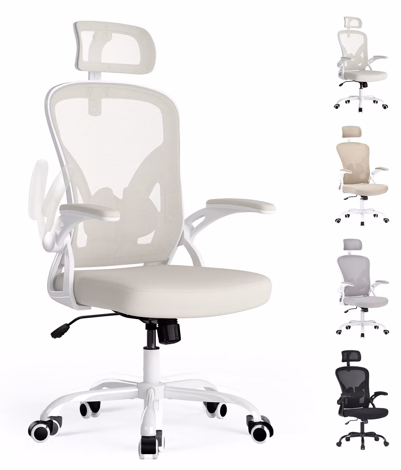 Sedia da ufficio ergonomica con braccioli, bianca, dotata di rotelle, ideale per l'ufficio e per l'uso in casa