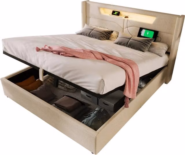 Letto Contenitore 160×200 cm; Letto Matrimoniale con USB; Tipo C e LED Regolabile; con Materasso; Lino; Beige