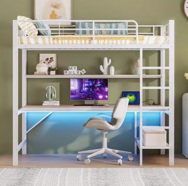 Letto a soppalco singolo moderno bianco con scrivania, libreria, luci ambientali e porta di ricarica USB, L/P/H: 200 x 90 x 180 cm