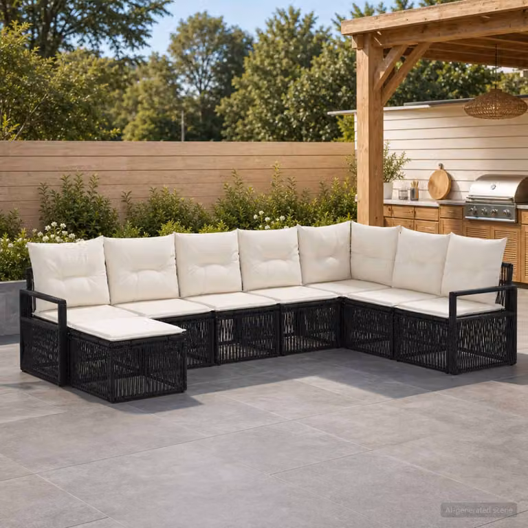 Set Divano da Giardino Moderno vidaXL a Forma di L con 8 Pezzi, Colore Nero e Bianco, Struttura in Metallo e Polyrattan con Cuscini Inclusi